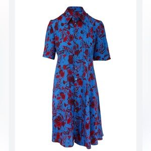 Derek Lam Blue & Red Silk Floral Jacquard Shirtdress